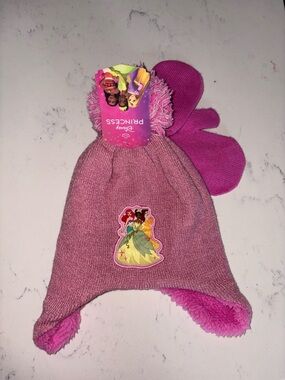 Disney Pink Princess Earflap Hat with Pom and mittens